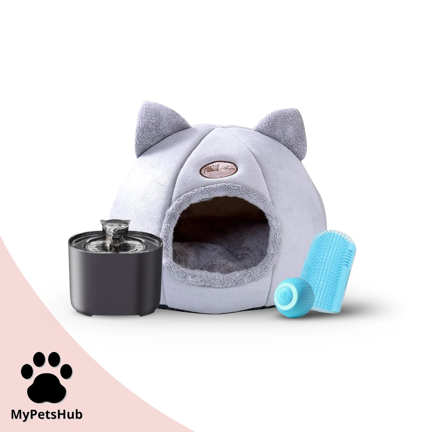 Pack rentrée pour chat MyPetsHub avec fontaine silencieuse et automatique, panier tête de chat, coin de mur massant bleu clair et balle interactive bleue
