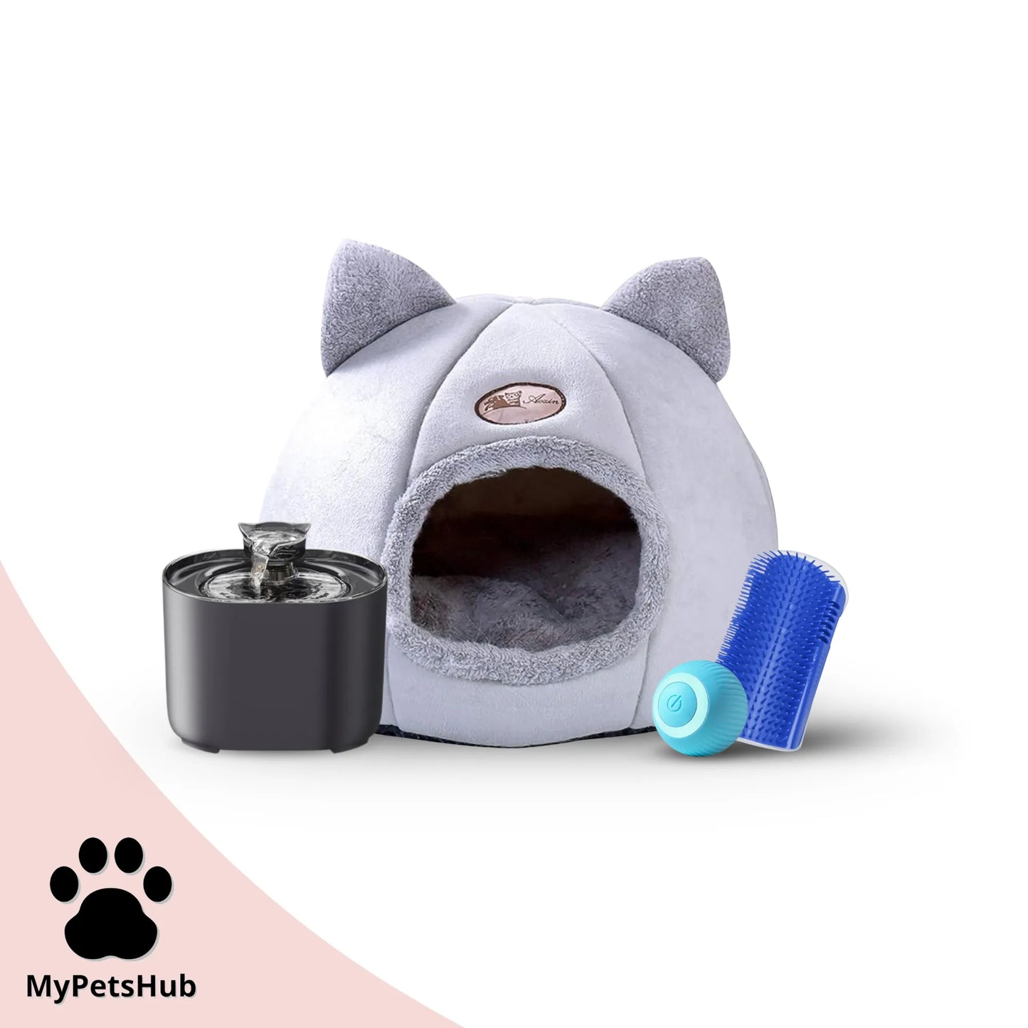 Pack rentrée pour chat MyPetsHub avec fontaine silencieuse et automatique, panier tête de chat, coin de mur massant bleu foncé et balle interactive bleue