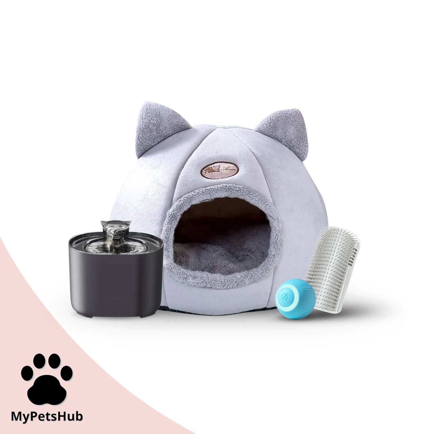 Pack rentrée pour chat MyPetsHub avec fontaine silencieuse et automatique, panier tête de chat, coin de mur massant gris et balle interactive bleue