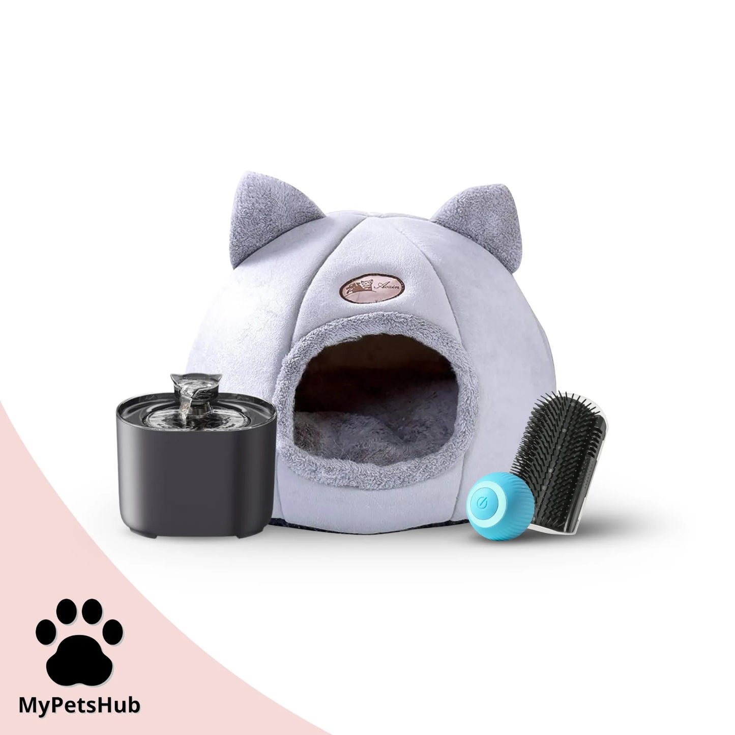 Pack rentrée pour chat MyPetsHub avec fontaine silencieuse et automatique, panier tête de chat, coin de mur massant noir et balle interactive bleue