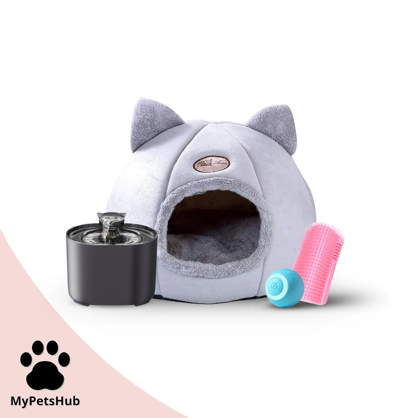 Pack rentrée pour chat MyPetsHub avec fontaine silencieuse et automatique, panier tête de chat, coin de mur massant rose et balle interactive bleue