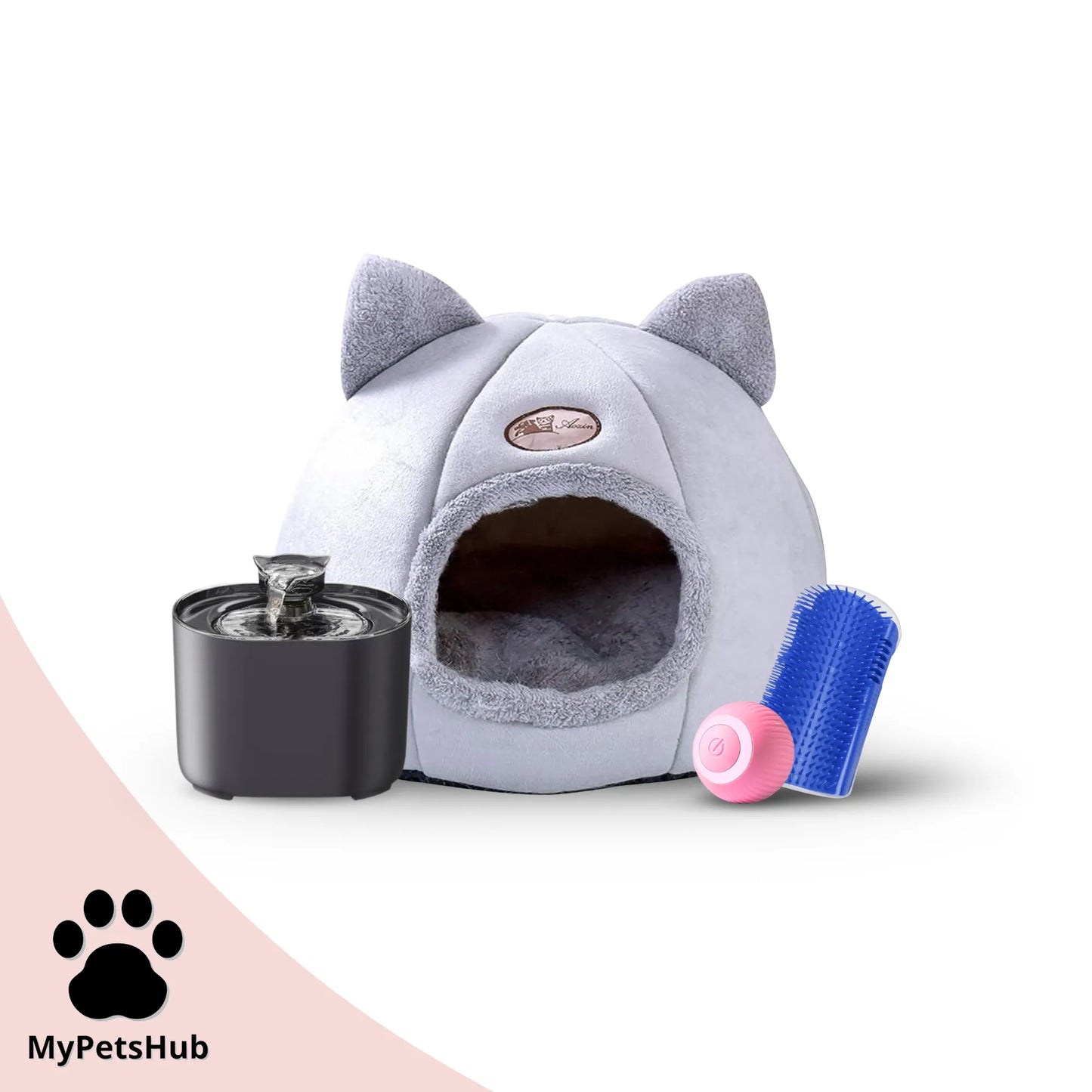 Pack rentrée pour chat MyPetsHub avec fontaine silencieuse et automatique, panier tête de chat, coin de mur massant bleu foncé et balle interactive rose