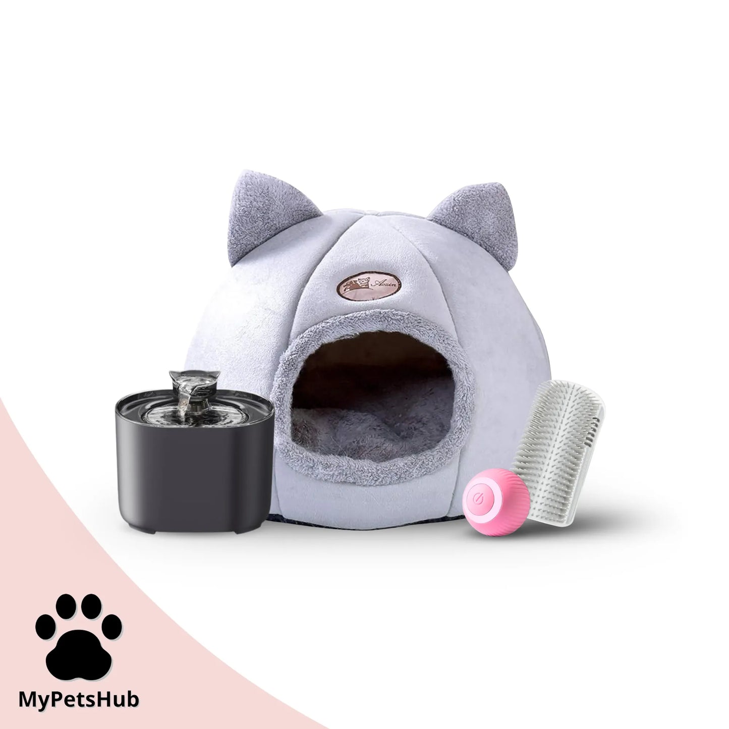 Pack rentrée pour chat MyPetsHub avec fontaine silencieuse et automatique, panier tête de chat, coin de mur massant gris et balle interactive rose