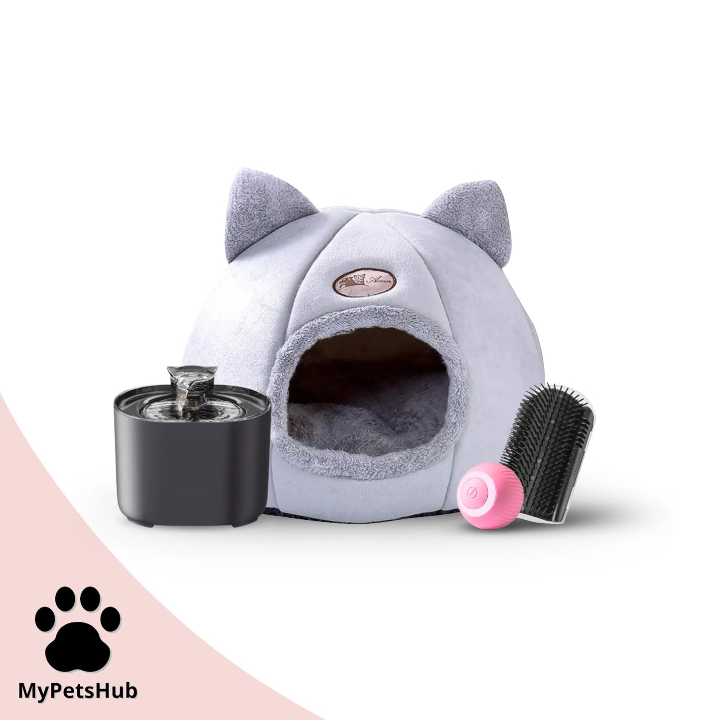 Pack rentrée pour chat MyPetsHub avec fontaine silencieuse et automatique, panier tête de chat, coin de mur massant noir et balle interactive rose