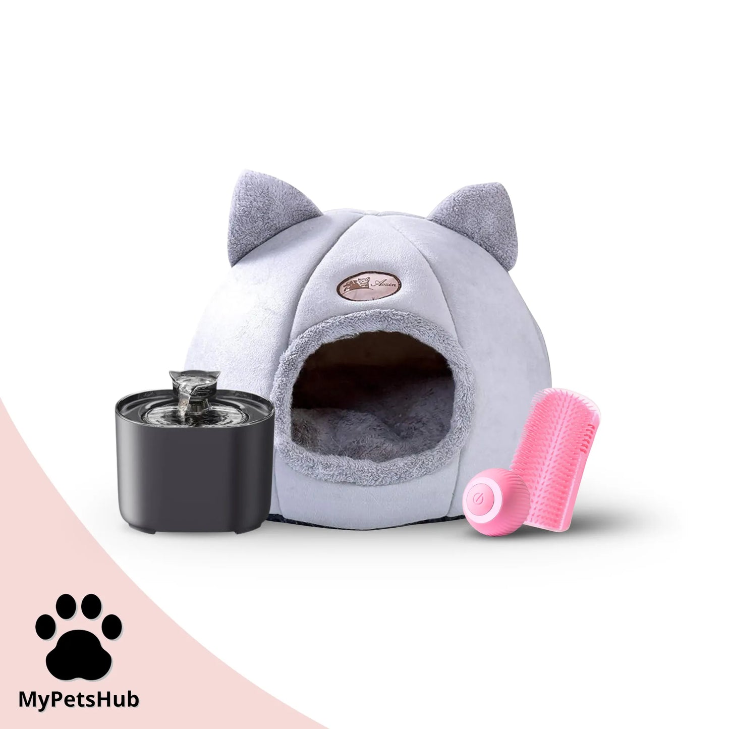 Pack rentrée pour chat MyPetsHub avec fontaine silencieuse et automatique, panier tête de chat, coin de mur massant rose et balle interactive rose