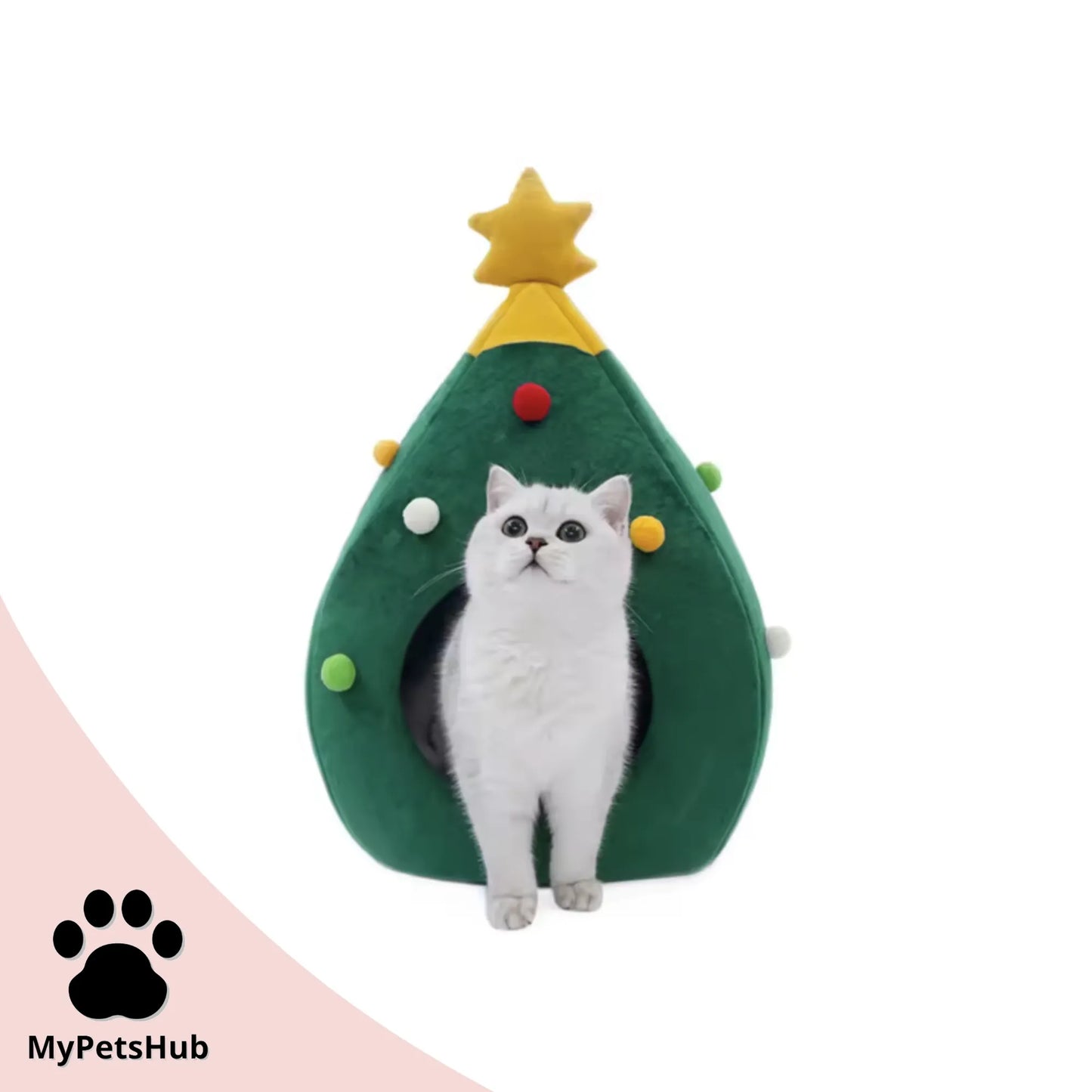 Chat blanc confortablement installé dans grotte panier sapin de Noël vert