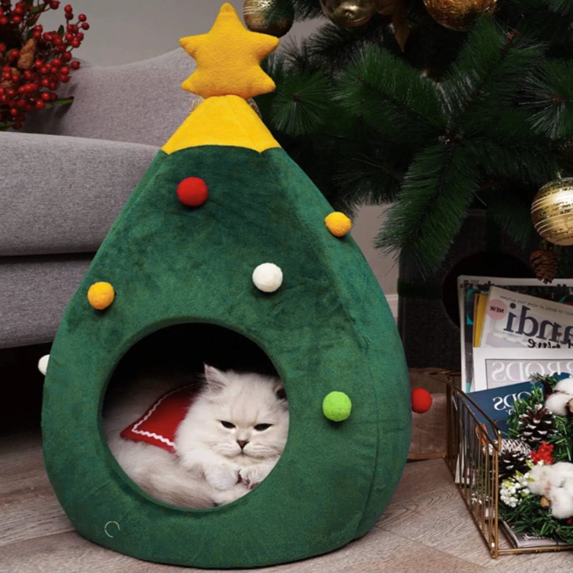 Grotte chat forme sapin de Noël avec vrai sapin décoré, chat blotti à l'intérieur