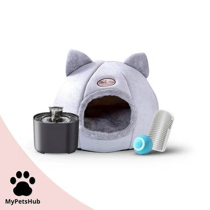 Pack rentrée pour chat MyPetsHub avec fontaine silencieuse et automatique, panier tête de chat, coin de mur massant gris et balle interactive bleue