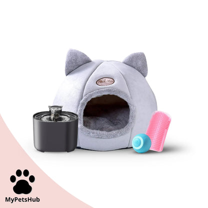 Pack rentrée pour chat MyPetsHub avec fontaine silencieuse et automatique, panier tête de chat, coin de mur massant rose et balle interactive bleue