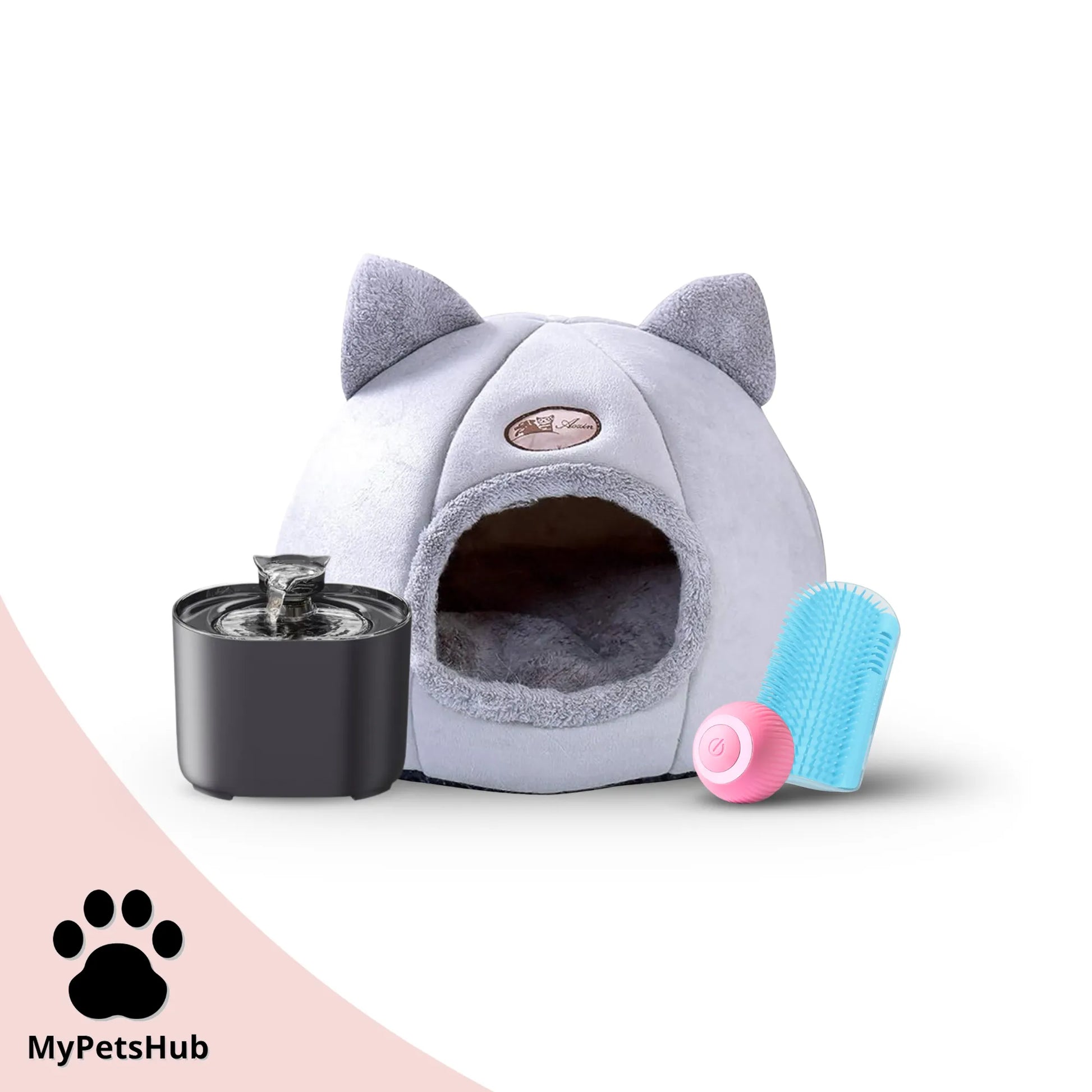 Pack rentrée pour chat MyPetsHub avec fontaine silencieuse et automatique, panier tête de chat, coin de mur massant bleu clair et balle interactive rose