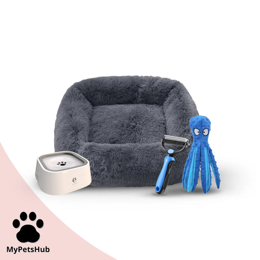 Pack rentrée pour chien MyPetsHub avec gamelle anti débordement, panier carré antistress, brosse démêlante bleue et doudou pieuvre bleu sonore