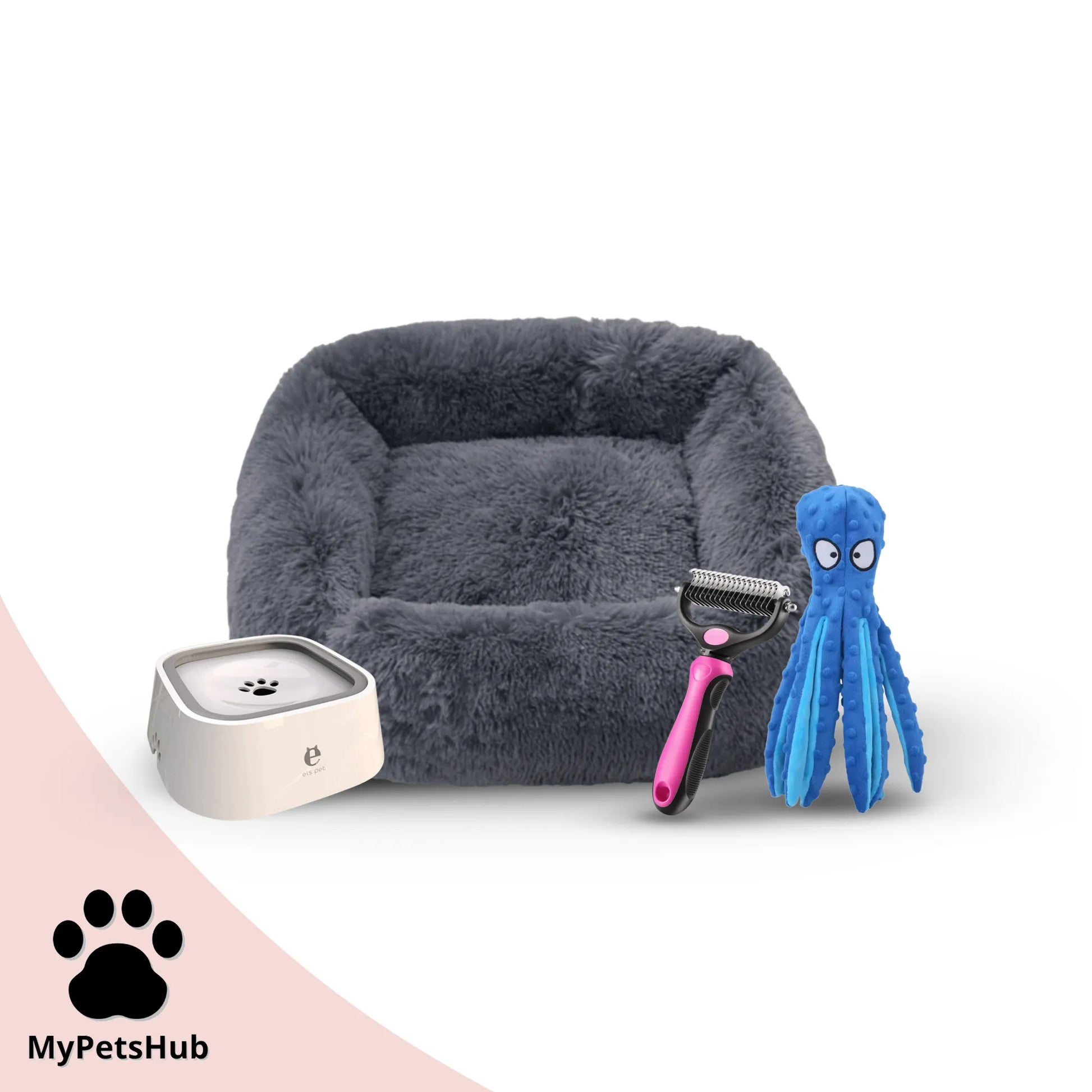 Pack rentrée pour chien MyPetsHub avec gamelle anti débordement, panier carré antistress, brosse démêlante rose et doudou pieuvre bleu sonore