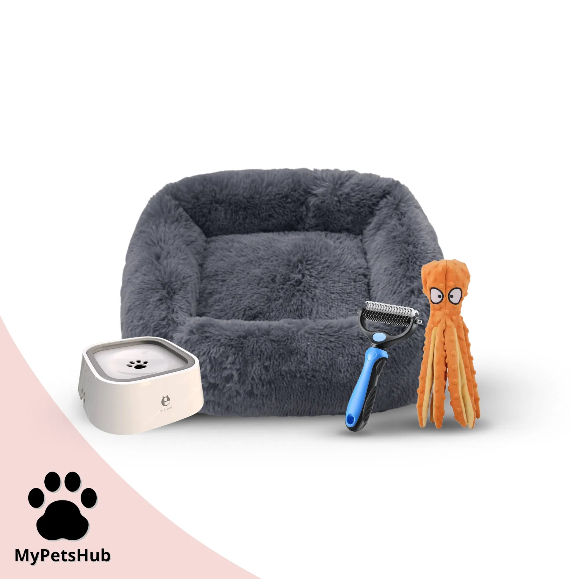 Pack rentrée pour chien MyPetsHub avec gamelle anti débordement, panier carré antistress, brosse démêlante bleue et doudou pieuvre orange sonore
