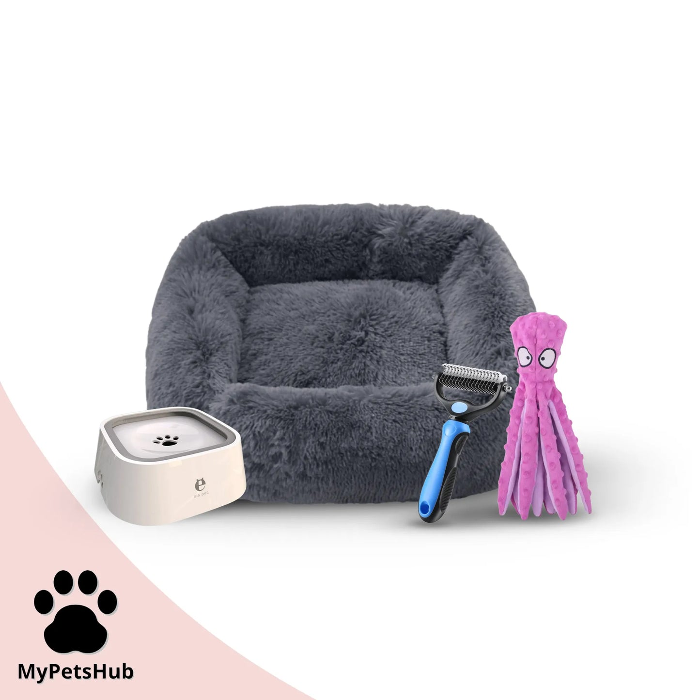Pack rentrée pour chien MyPetsHub avec gamelle anti débordement, panier carré antistress, brosse démêlante bleue et doudou pieuvre rose sonore