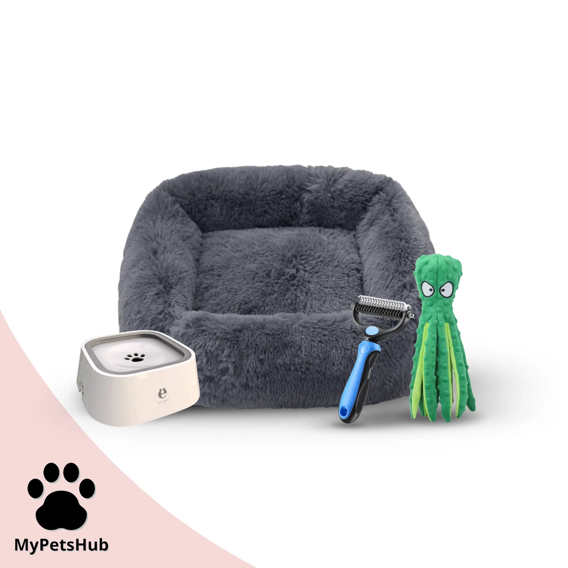 Pack rentrée pour chien MyPetsHub avec gamelle anti débordement, panier carré antistress, brosse démêlante bleue et doudou pieuvre vert sonore