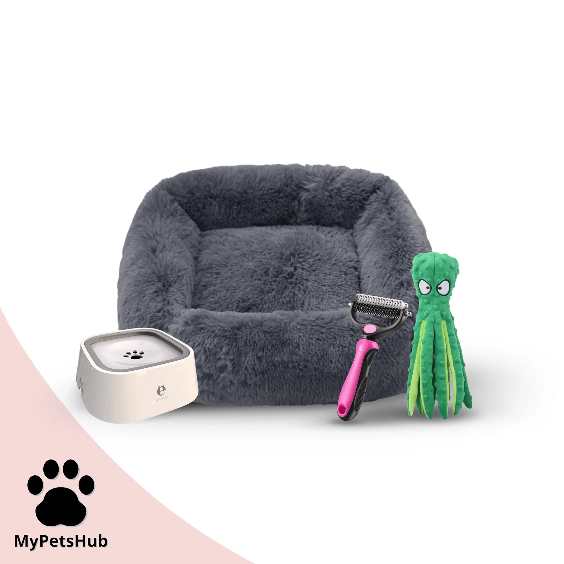 Pack rentrée pour chien MyPetsHub avec gamelle anti débordement, panier carré antistress, brosse démêlante rose et doudou pieuvre vert sonore
